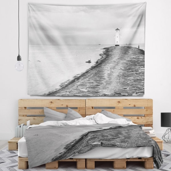 Designart 'Lighthouse Windmill Stawa Mlyny in Grey' Seascape Wall Tapestry