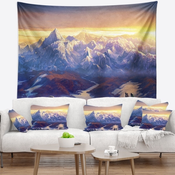 Designart 'Winter Mountains with Tourists' Landscape Wall Tapestry