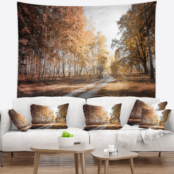 Designart 'Straight Road in Fall Birch Grove' Modern Forest Wall Tapestry