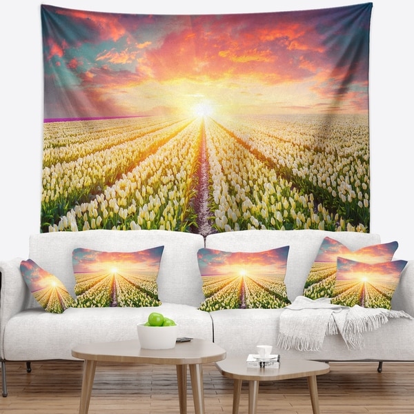 Designart 'Blooming White Tulips' Landscape Photo Wall Tapestry