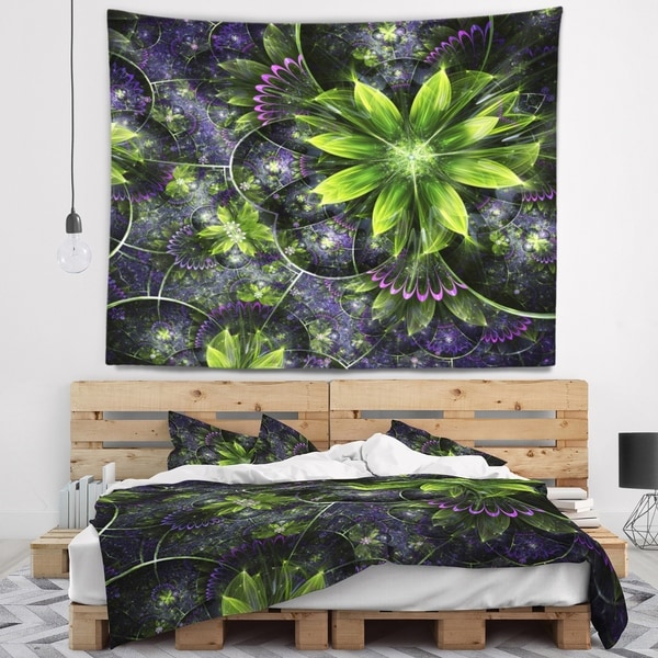 Designart 'Glossy Green Purple Fractal Flowers' Floral Wall Tapestry