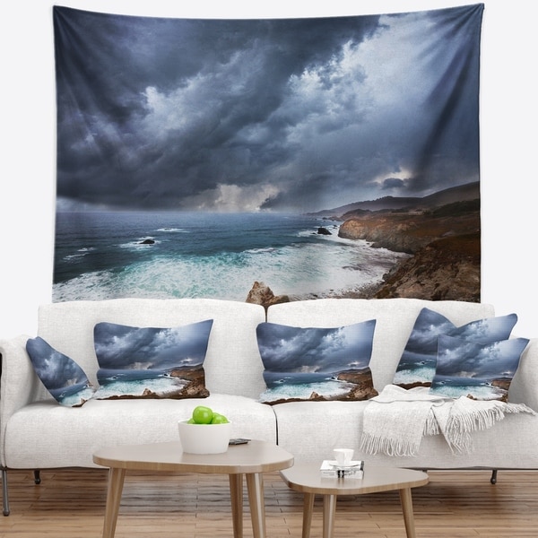 Designart 'Heavy Blue Clouds and Waves' Modern Beach Wall Tapestry