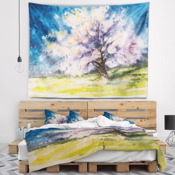 Designart Blooming Cherry Tree Blue Watercolor Floral Wall