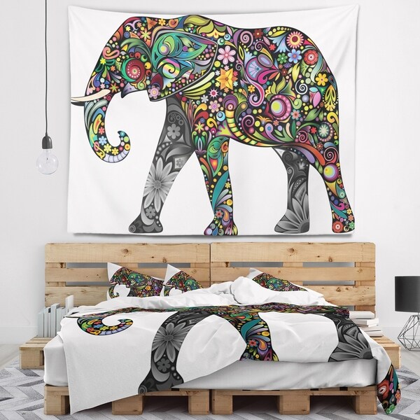 Designart 'Floral Cheerful Elephant' Animal Wall Tapestry