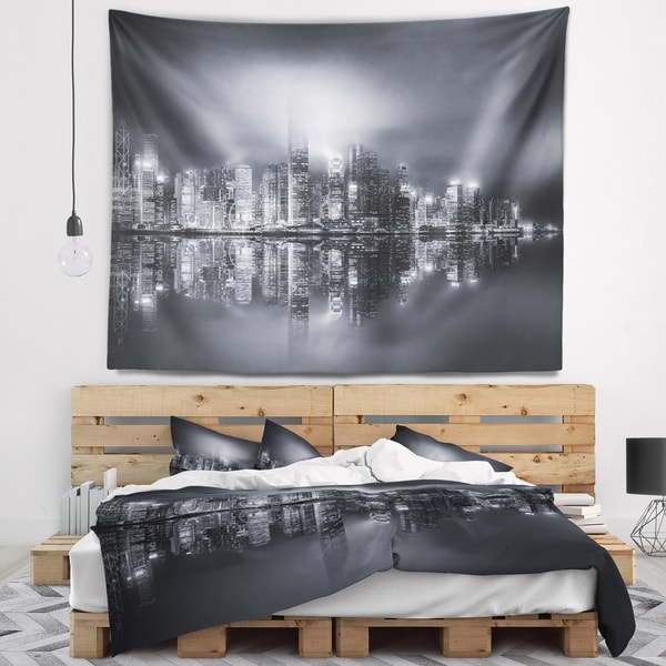 Designart 'Hong Kong Black and White Panorama' Cityscape Wall Tapestry