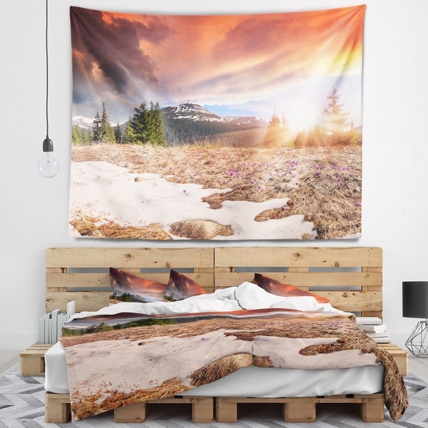 Designart 'Blooming Crocuses in Mountains' Landscape Photography Wall Tapestry