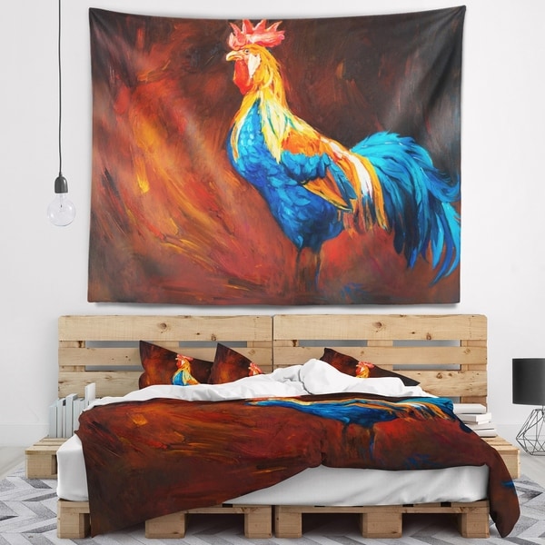 Designart 'Blue and Orange Rooster' Animal Wall Tapestry