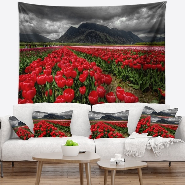 Designart 'Rows of Bright Ruby Red Tulips' Landscape Wall Tapestry