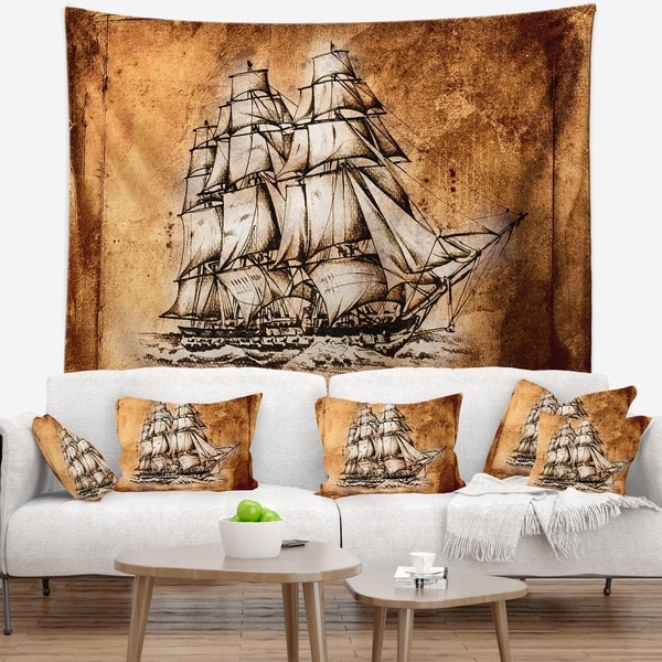 Designart 'Ancient Sailboat Drawing' Seashore Wall Wall Tapestry