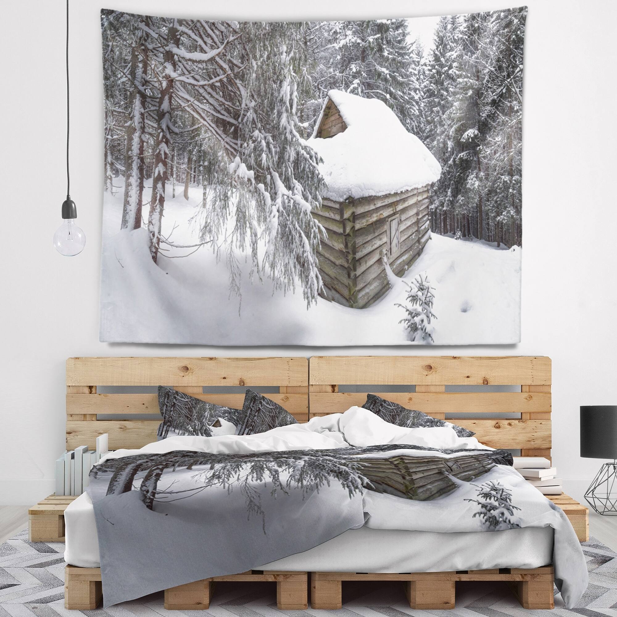 Designart 'house In Magic Winter Forest' Landscape Wall Tapestry - Bed 