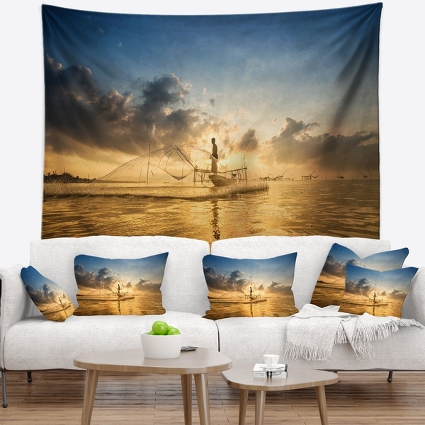 Designart 'Pakpra with Fisherman at Sunrise' Landscape Wall Tapestry