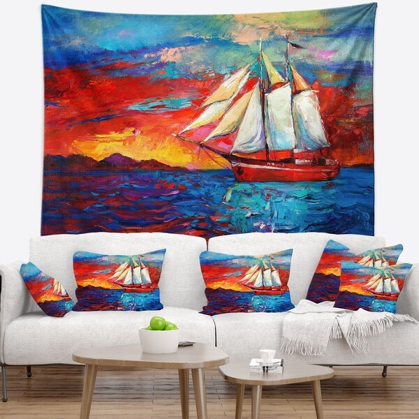 Designart 'Sail Ship During Sunset' Seascape Wall Tapestry