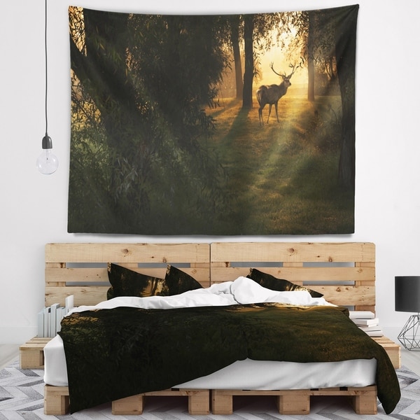 Designart 'Deer In Sunset In Deep Forest' Forest Wall Tapestry
