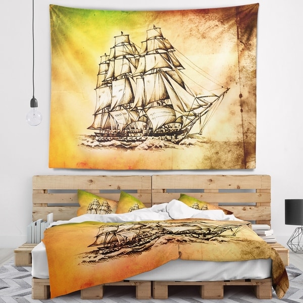 Designart 'Large Ancient Moving Boat' Seashore Wall Wall Tapestry