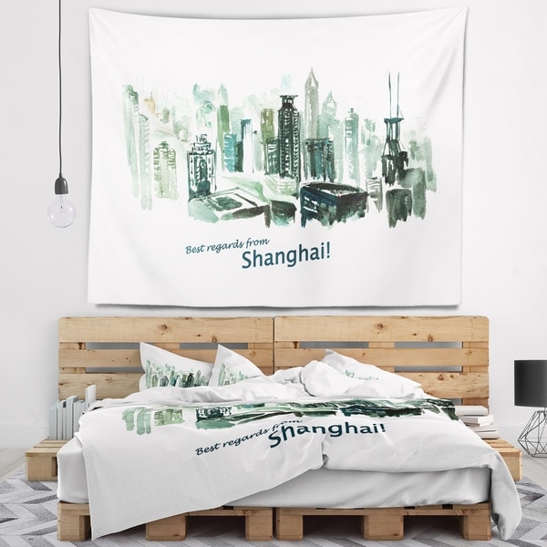 Designart 'Shanghai Vector Illustration' Cityscape Painting Wall Tapestry