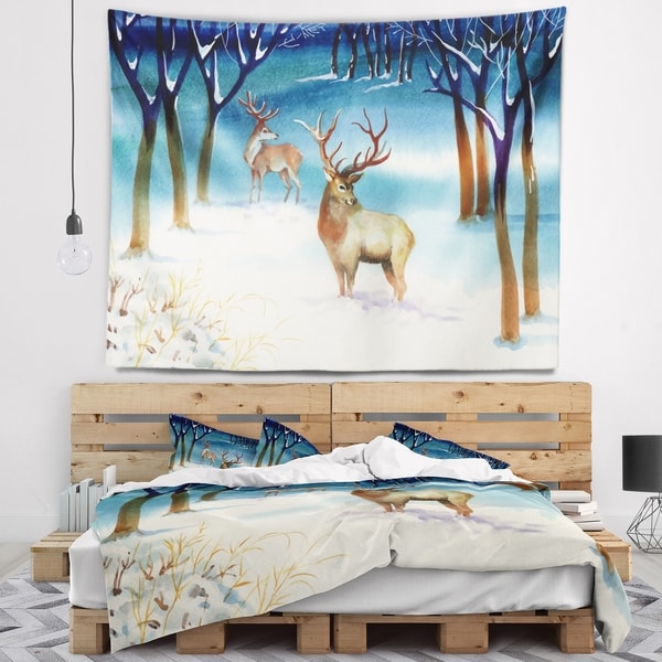 Designart 'Amazing Winter Forest with Deer' Landscape Wall Tapestry