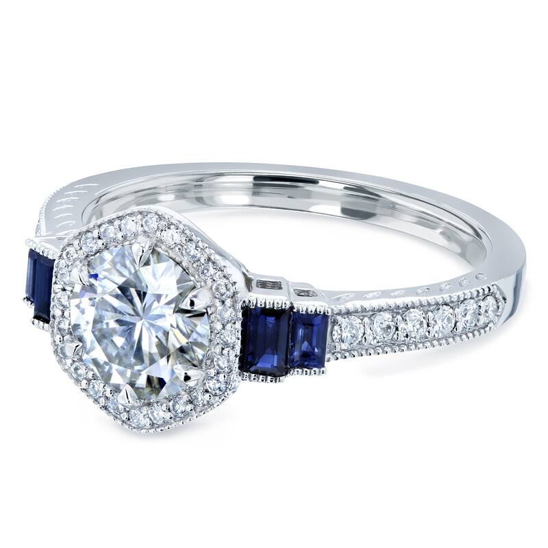 Annello by Kobelli 14k White Gold 1 1/2ct TGW Moissanite Sapphire and Diamond 6-prong Halo Art Deco Ring