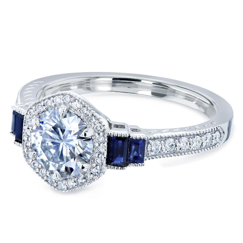Annello by Kobelli 14k White Gold 1 1/2ct TGW Moissanite Sapphire and Diamond 6-prong Halo Art Deco Ring (DEF/VS, Blue, GH/I)