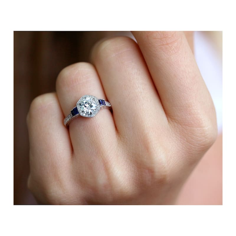 Annello by Kobelli 14k White Gold 1 1/2ct TGW Moissanite Sapphire and Diamond 6-prong Halo Art Deco Ring (DEF/VS, Blue, GH/I)