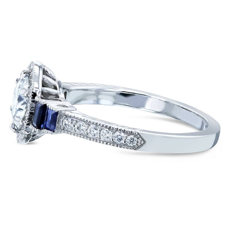 Annello by Kobelli 14k White Gold 1 1/2ct TGW Moissanite Sapphire and Diamond 6-prong Halo Art Deco Ring (DEF/VS, Blue, GH/I)