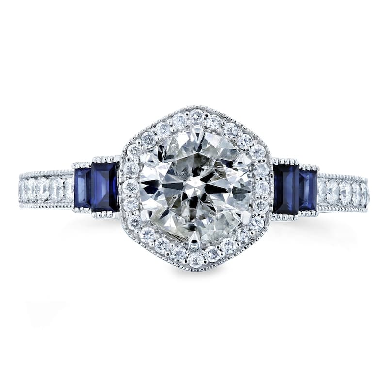 Kobelli 1.5 Carats Natural Diamond & Sapphire 14k Solid White Gold Halo Antique Fashion Art Deco Engagement Ring
