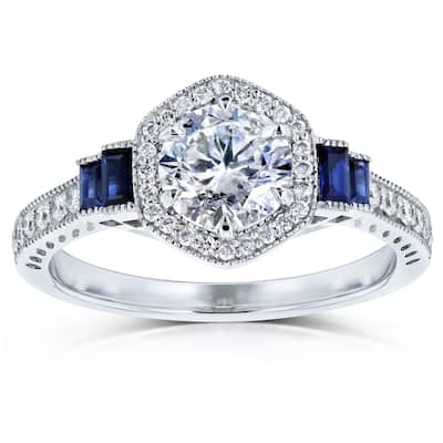 Kobelli 1.5 Carats Natural Diamond & Sapphire 14k Solid White Gold Halo Antique Fashion Art Deco Engagement Ring