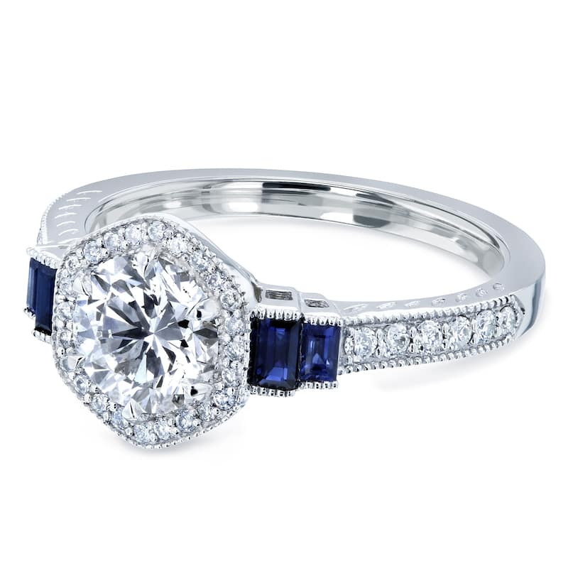 Kobelli 1.5 Carats Natural Diamond & Sapphire 14k Solid White Gold Halo Antique Fashion Art Deco Engagement Ring