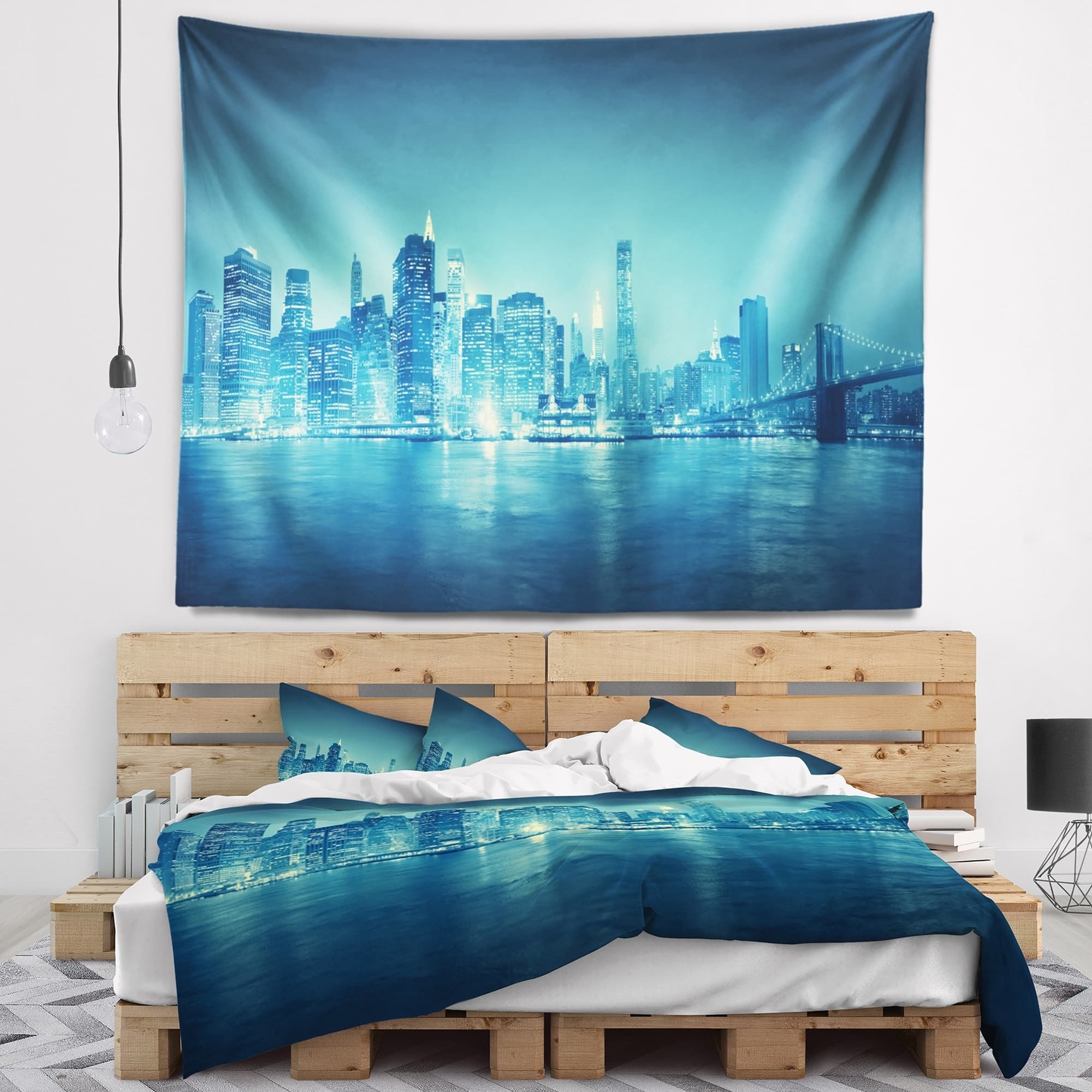 Designart 'Blue New York at Night' Cityscape Digital Wall Tapestry ...