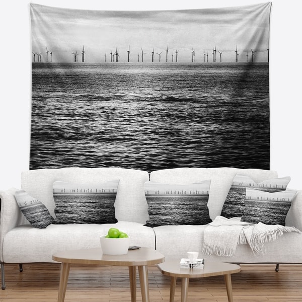 Designart 'Wind Turbines Black and White' Landscape Wall Tapestry