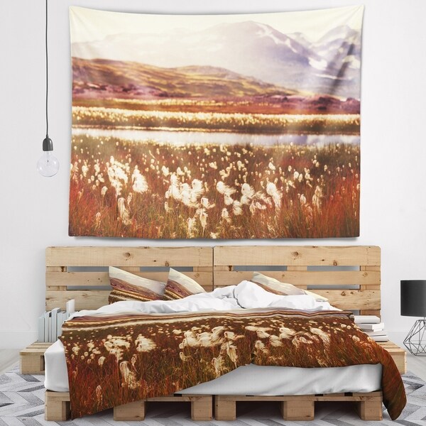 Designart 'Cotton Flowers with Hills on Background' Floral Wall Tapestry