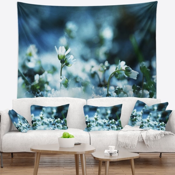 Designart 'White Flowers on Blue Background' Floral Wall Tapestry