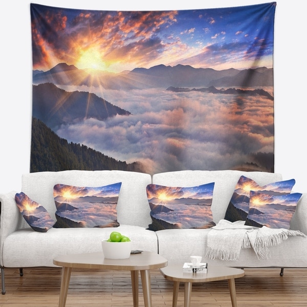 Designart 'Bright Sun in Misty Mountains' Landscape Photography Wall Tapestry