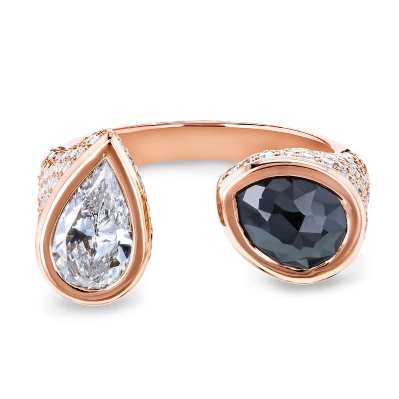 Kobelli 3.84 Carat Black & White Pear Diamond Certified 18k Solid Rose Gold Bezel and Pave Open Cuff Ring - Size 7 Only