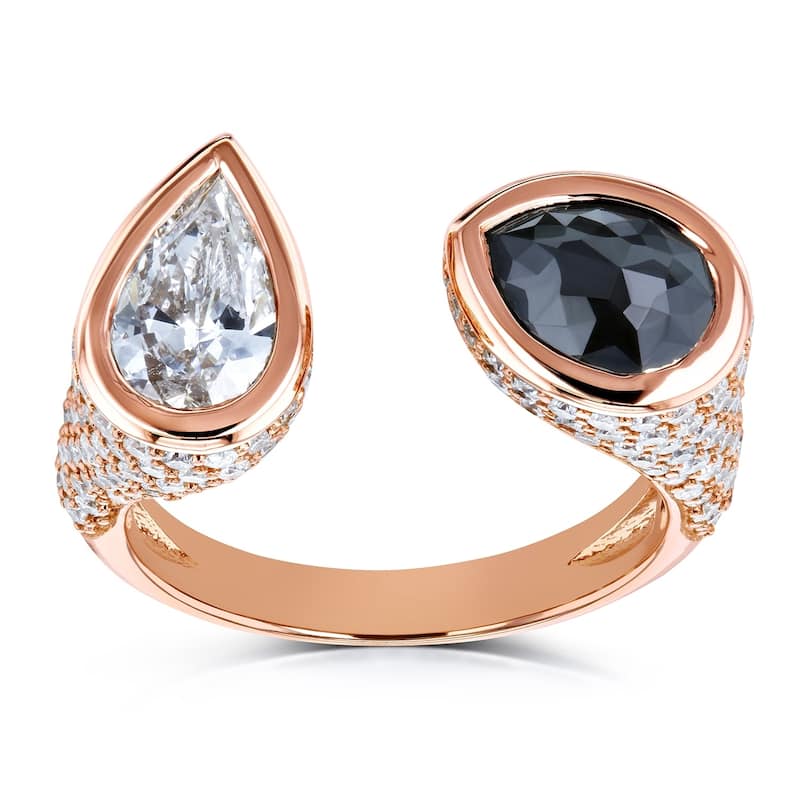Kobelli 3.84 Carat Black & White Pear Diamond Certified 18k Solid Rose Gold Bezel and Pave Open Cuff Ring - Size 7 Only