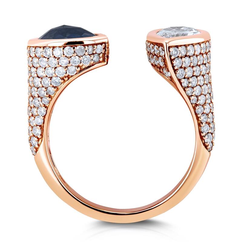 Kobelli 3.84 Carat Black & White Pear Diamond Certified 18k Solid Rose Gold Bezel and Pave Open Cuff Ring - Size 7 Only