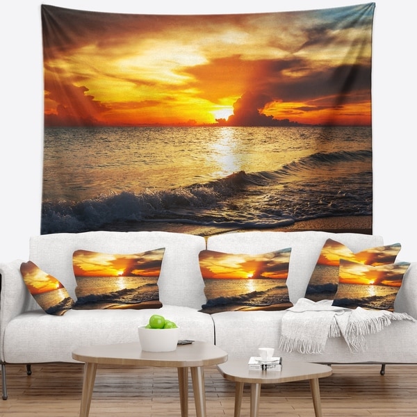 Designart 'Colorful Dramatic Sunset over Waves' Modern Beach Wall Tapestry