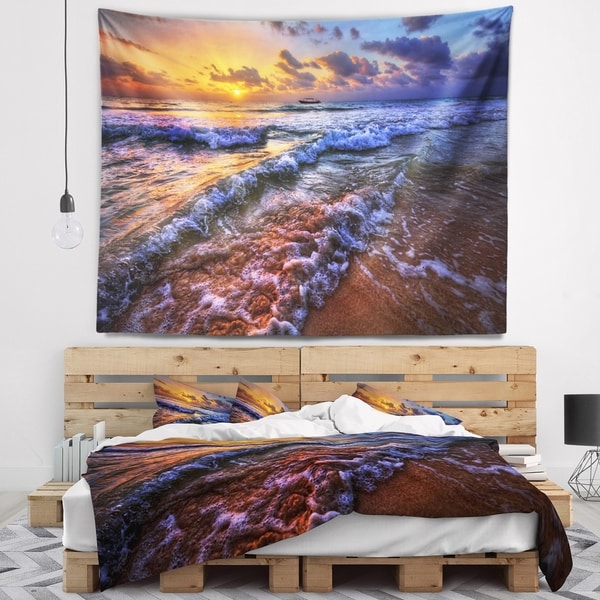 Designart 'Sunset over Blue Tinged Waves' Seashore Photo Wall Tapestry