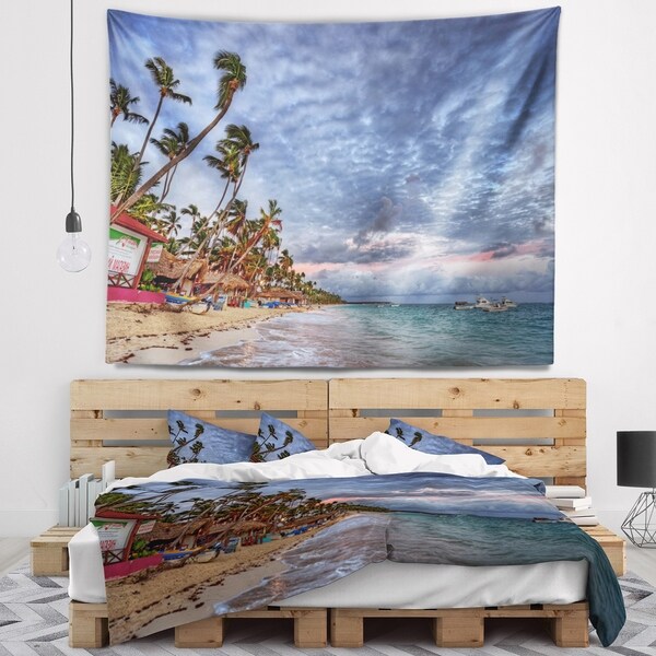 Designart 'Long Palm Trees Bent to Beach' Seashore Wall Tapestry