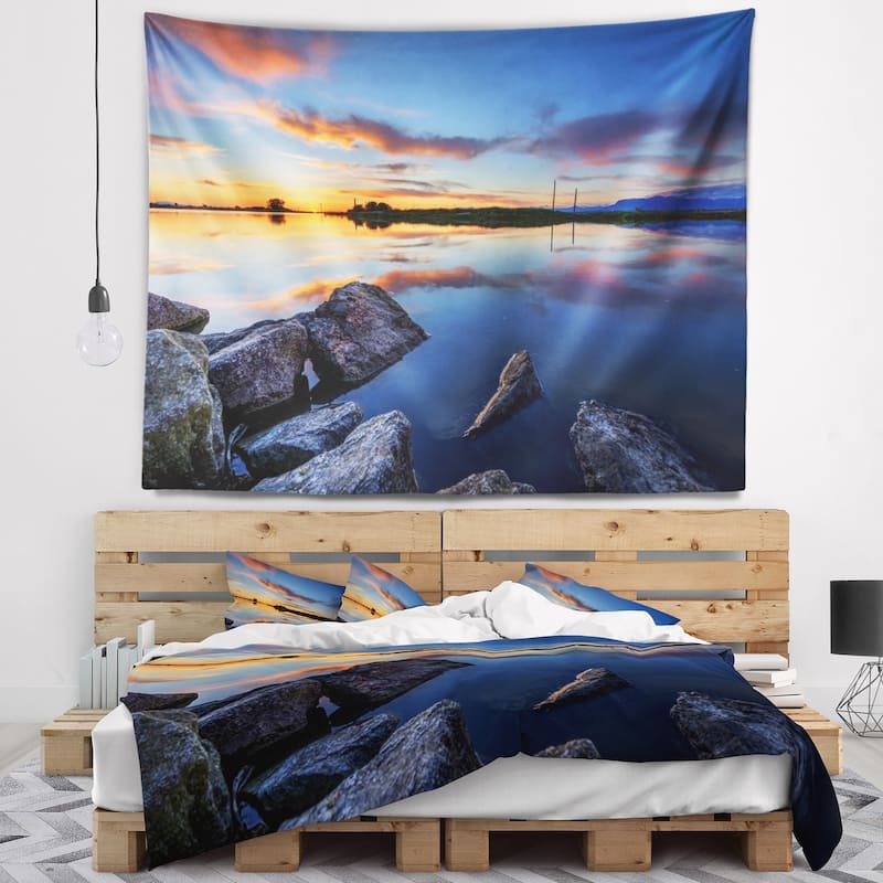 Designart 'Beautiful Calm Water and Sunset' Landscape Wall Tapestry ...