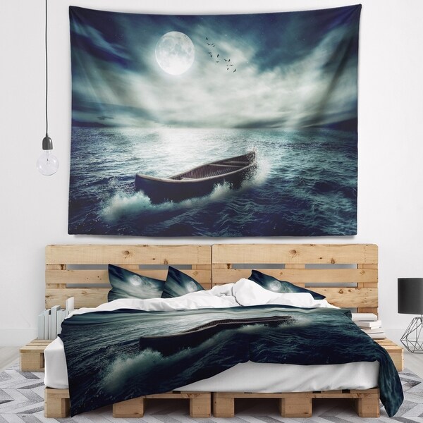 Designart 'Boat Drifting Away After Storm' Seashore Wall Tapestry