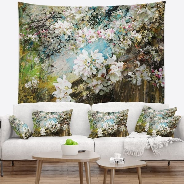 Designart 'Apple Blossoms With White Flowers' Floral Wall Tapestry ...