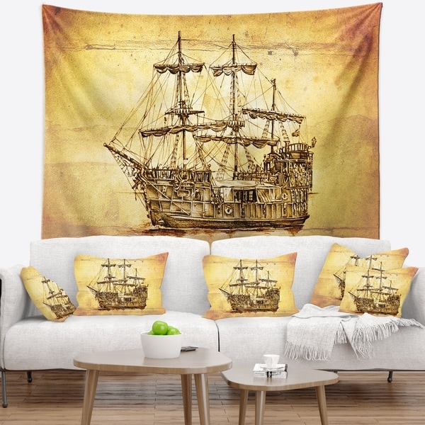 Designart 'Brown Ancient Moving Boat' Seashore Wall Wall Tapestry