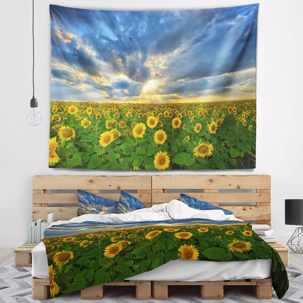 Designart 'Beauty Sunset over Sunflowers' Landscape Wall Tapestry