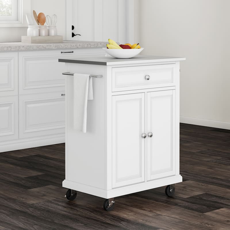 Crosley Compact White Wood Portable Kitchen Cart/ Island with Stainless Steel Top - 18"d x 31"w x 35.5"h