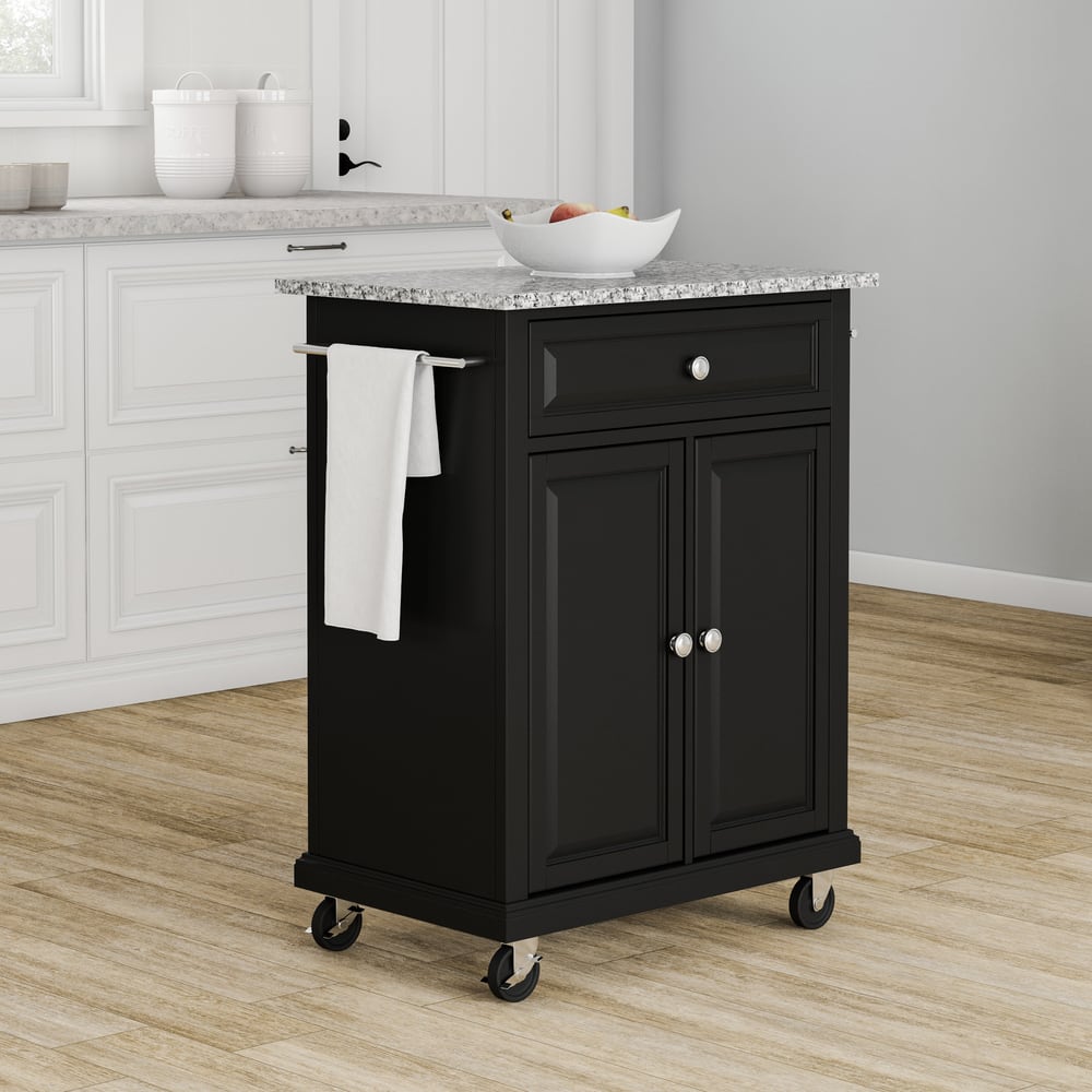 Crosley Compact Gray Granite Top Cart/ Island in Black Finish - 18"d x 31"w x 35.5"h