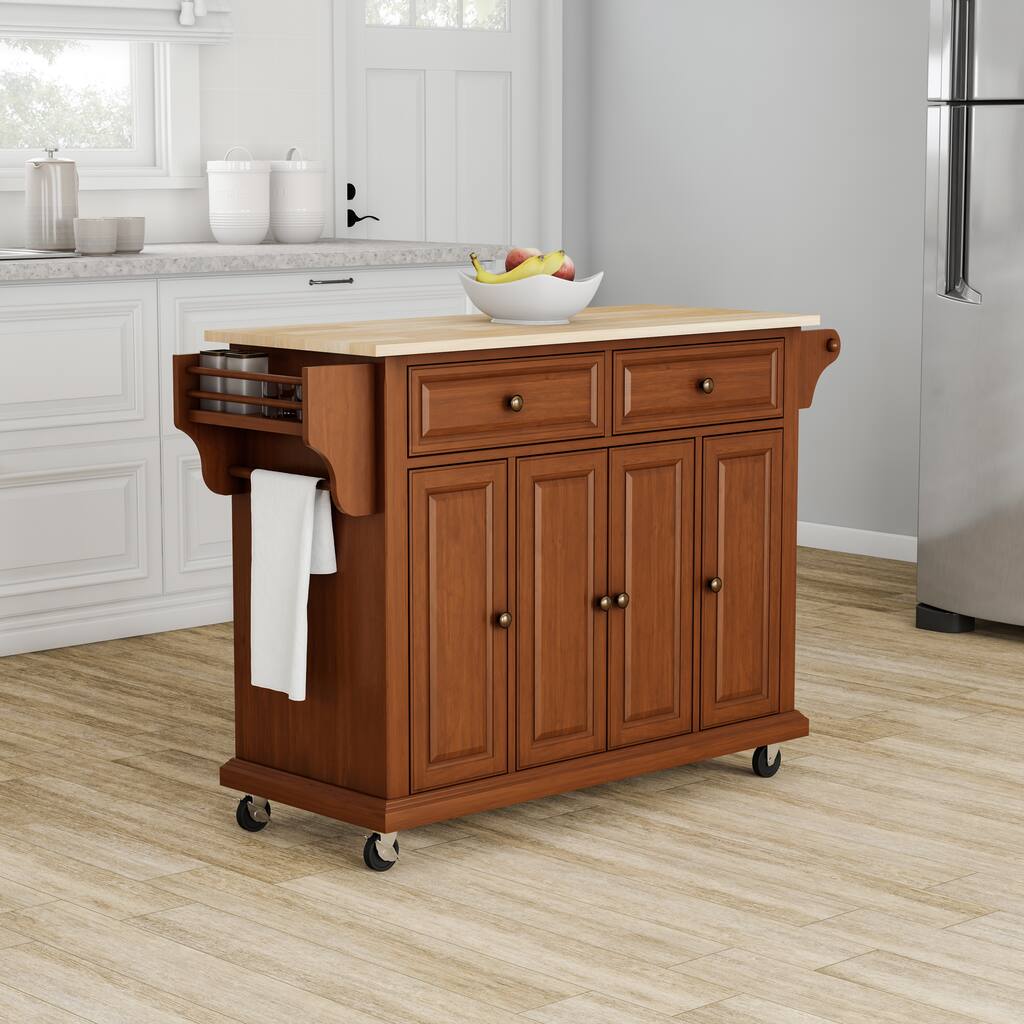 Crosley Full Size Natural Wood Top Kitchen Cart/ Island in Classic Cherry Finish - 18"d x 51.5"w x 36"h
