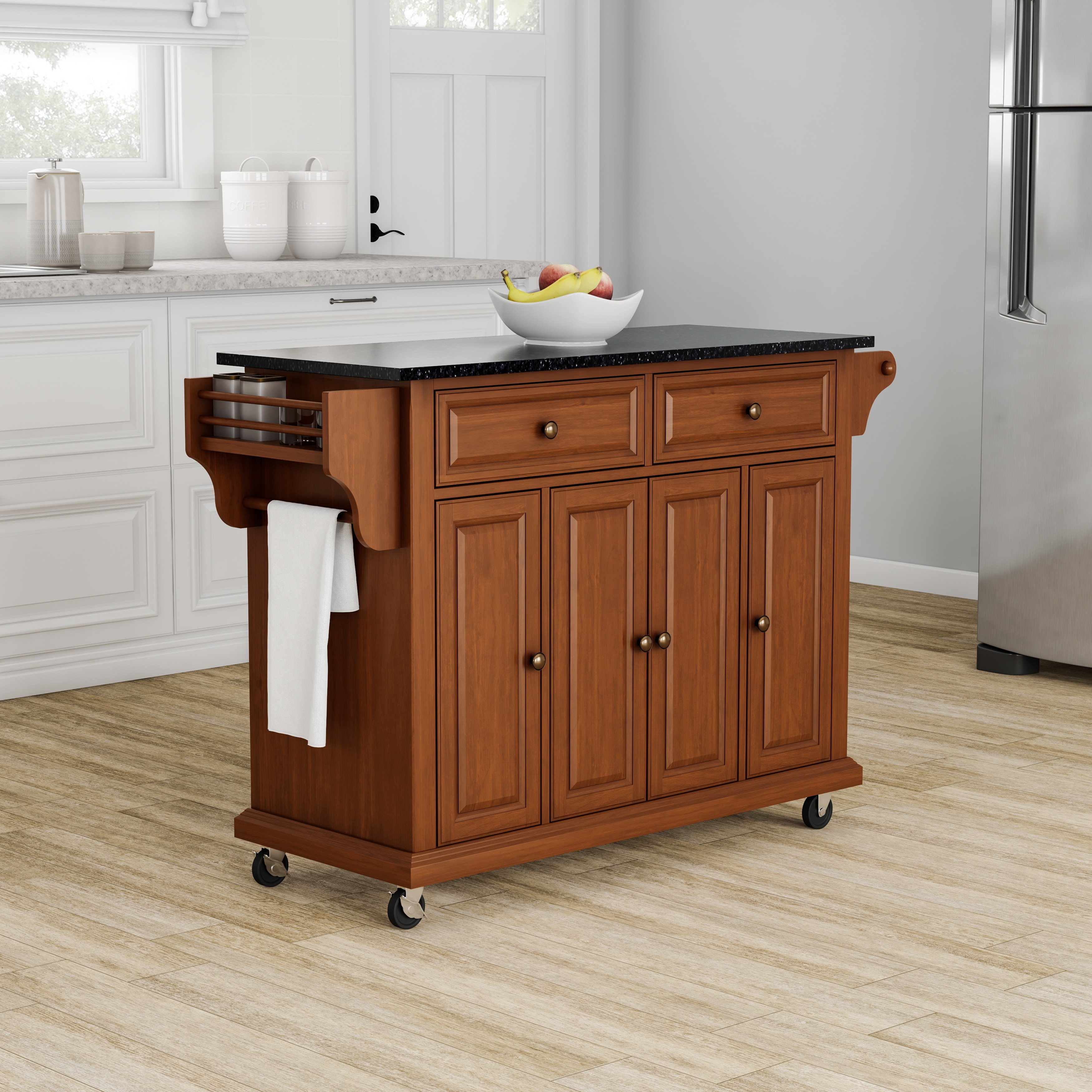 Alexandria Solid Black Granite Top Portable Kitchen Island in Classic  Cherry Finish