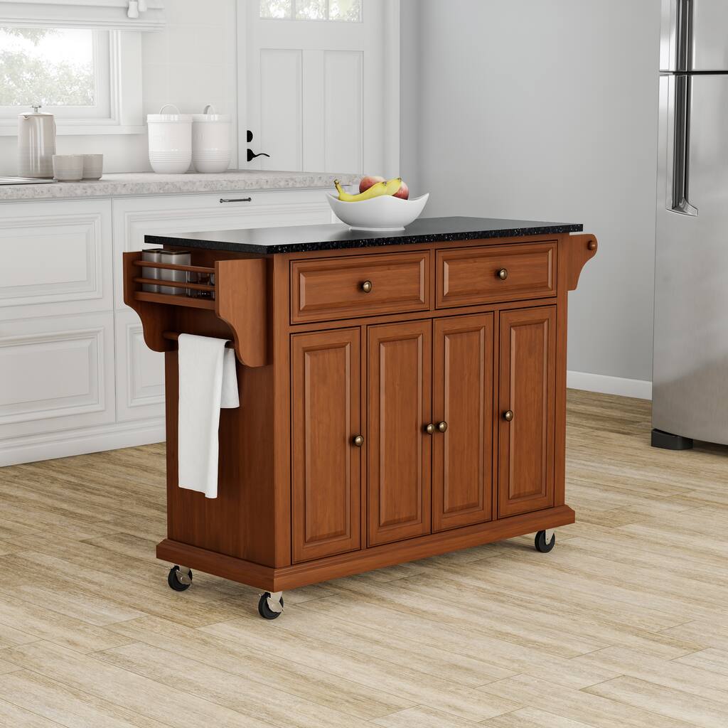 Crosley Full Size Solid Black Granite Top Classic Cherry Finish Kitchen Cart - 18"d x 51.5"w x 36"h