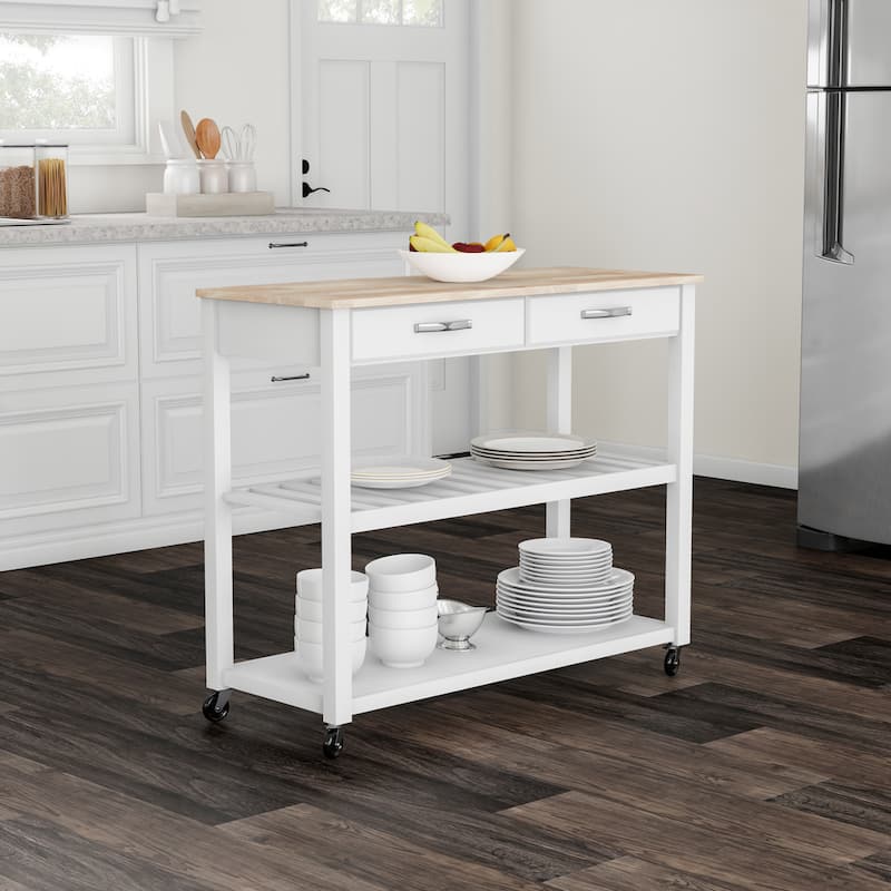 Crosley Natural Wood Top Kitchen Cart/ Island With Optional Stool Storage in White Finish - 17"d x 43"w x 35"h