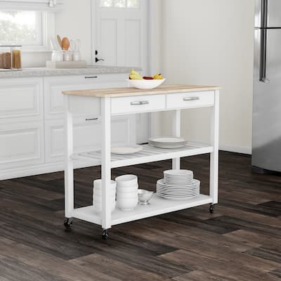 Crosley Natural Wood Top Kitchen Cart/ Island With Optional Stool Storage in White Finish - 17"d x 43"w x 35"h